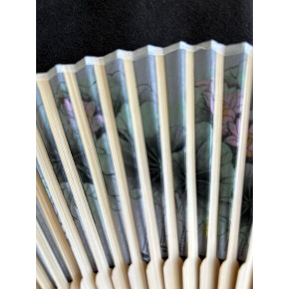 Vintage Japanese Folding Fan Bamboo Frame Floral Asian With Box Retro Design - Picture 8 of 11